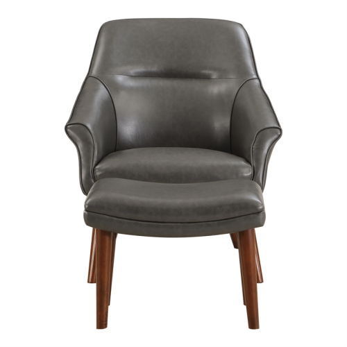 Waneta Chair and Ottoman in Pewter Gray Faux Leather with Medium Espresso Legs