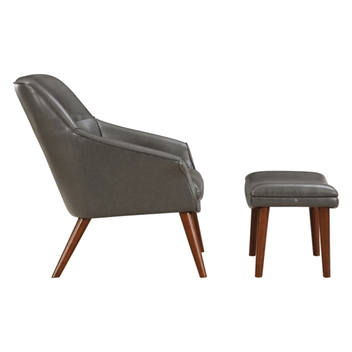 Waneta Chair and Ottoman in Pewter Gray Faux Leather with Medium Espresso Legs
