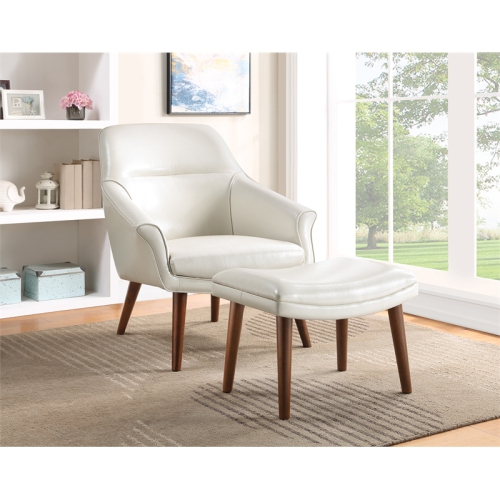 Waneta Chair and Ottoman in Cream Faux Leather with Medium Espresso Legs