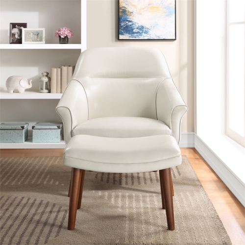 Waneta Chair and Ottoman in Cream Faux Leather with Medium Espresso Legs
