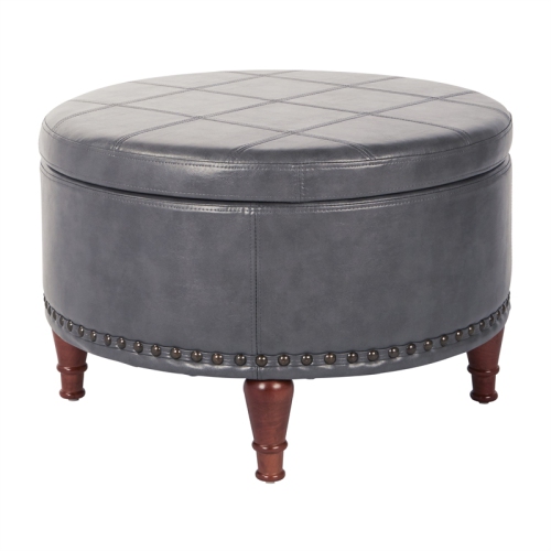 OSP HOME FURNISHINGS  Alloway Storage Ottoman In Pewter Faux Leather With Antique Bronze Nailheads