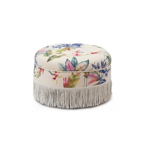 MAKLAINE  Traditional Tufted Decorative Round Ottoman In Off Floral In White