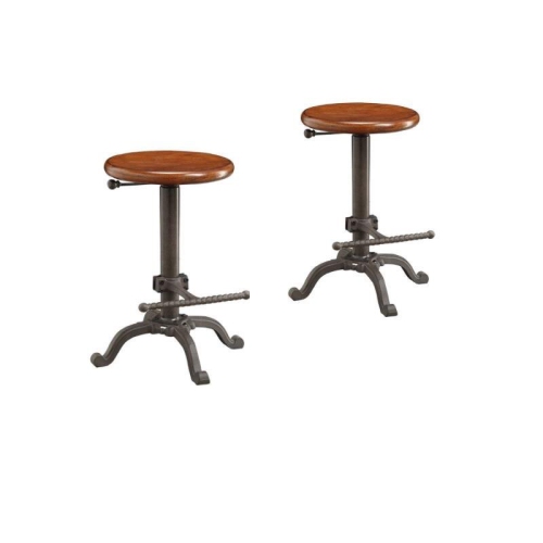 Set of 2 Iron Restoration Adjustable Bar Stools in Rustic Wood