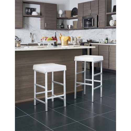 26" Backless Stool in White Fabric with Polished Chrome Legs