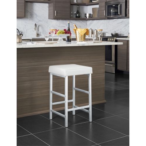 26" Backless Stool in White Fabric with Polished Chrome Legs