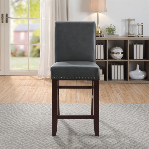 24" Parsons Barstool with Antique Bronze Nail Heads in Pewter Gray Faux Leather