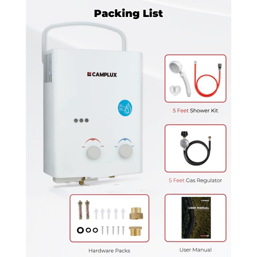 Camplux 1.32 GPM 34,000 BTU Outdoor Portable Propane Tankless Water Heater for RV, Camping, Barns, White