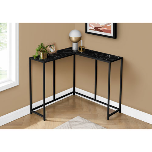 Monarch Contemporary L-Shape Console Table - Black Marble-Look