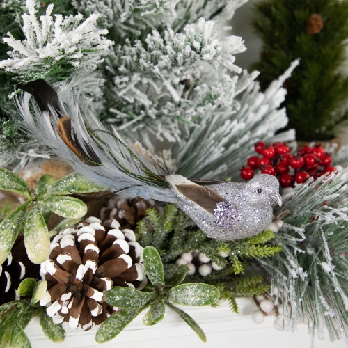 Glitter Bird with Clip and Feather Tail Christmas Ornament - 8" - Silver