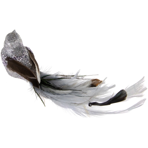 Glitter Bird with Clip and Feather Tail Christmas Ornament - 8" - Silver
