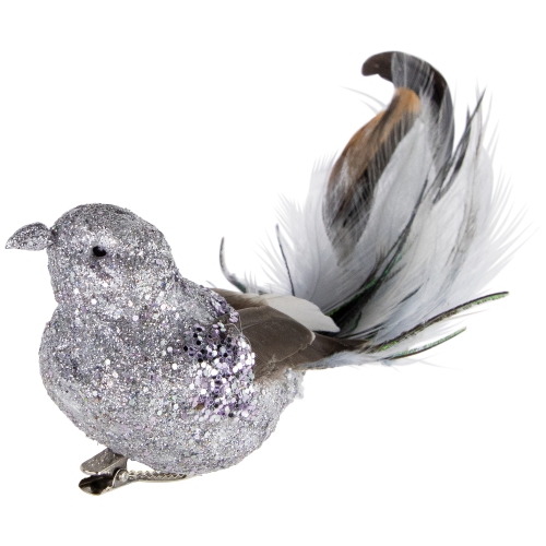 Glitter Bird with Clip and Feather Tail Christmas Ornament - 8" - Silver