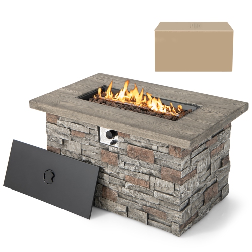 Costway 43.5" Rectangle Propane Gas Fire Pit Table Faux Stone w/ Lava Rock & PVC Cover