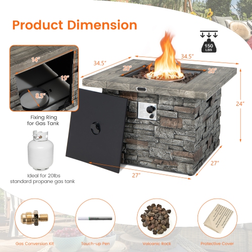 Costway 34.5" Square Propane Gas Fire Pit Table Faux Stone w/ Lava Rock PVC Cover
