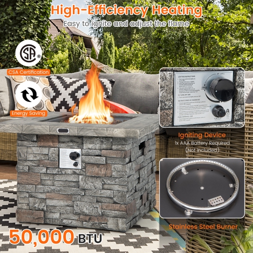 Costway 34.5" Square Propane Gas Fire Pit Table Faux Stone w/ Lava Rock PVC Cover