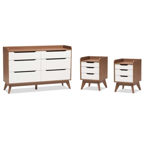 3 Piece Modern Dresser and Nightstand Set in White and Walnut