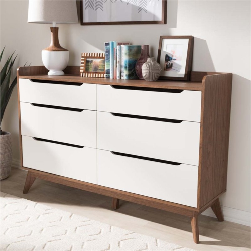 3 Piece Modern Dresser and Nightstand Set in White and Walnut