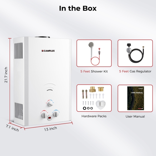 Camplux 2.64 GPM 68,000 BTU Outdoor Portable Propane Tankless Water Heater with Digital Display, White