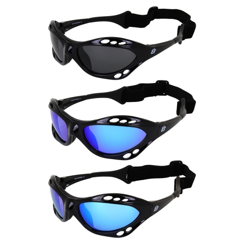 3 Pairs Birdz Seahawk Padded Floating Polarized Sunglasses W/Strap Black Frame W/Smoke Blue & Green Mirror Lenses