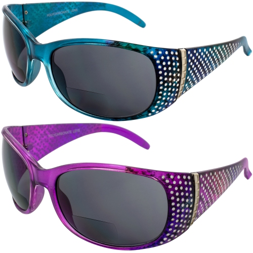 Set Of 2 Global Vision Galaxy Womens Bifocal Motorcycle Sunglasses Chrome Rhinestones Blue & Lavender Frames 3.0 Mag Smoke Lenses