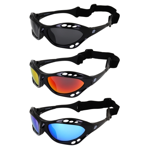 3 Pairs Birdz Seahawk Padded Floating Polarized Sunglasses W/Strap Black Frame W/Smoke Red & Green Mirror Lenses