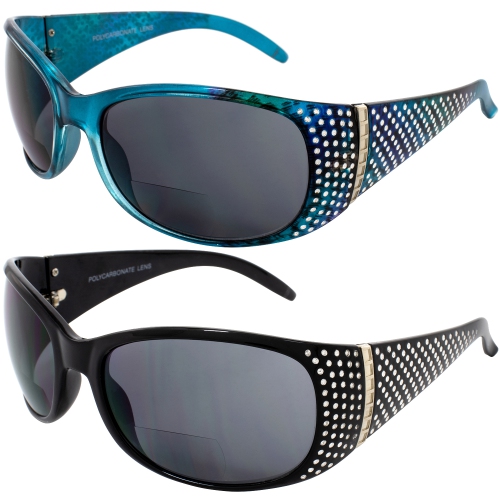 Set Of 2 Global Vision Galaxy Womens Bifocal Motorcycle Sunglasses Readers Chrome Rhinestones Black & Blue Frames 3.0 Magnification