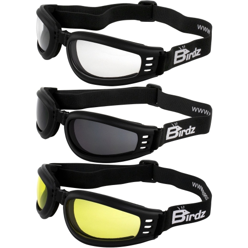 3 Pairs Of Birdz Eyewear Cardinal Women'S Padded Motorcycle Goggles Black Frames With Clear, Smoke & Yellow Lenses