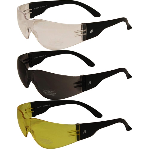 3 Pair Of Pigeon Sport Ansi 87.1+ Safety Glasses Black 1 Clear Lens 1 Smoke Lens And 1 Yellow Lens