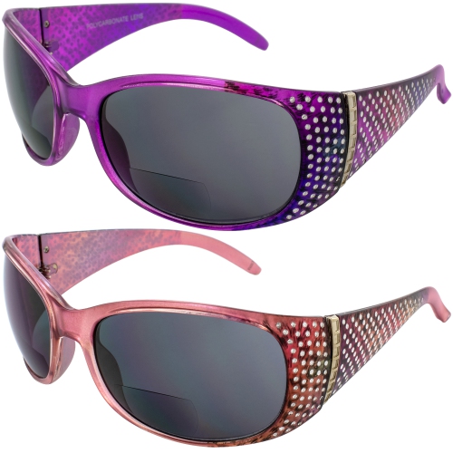 Set Of 2 Global Vision Galaxy Womens Bifocal Motorcycle Sunglasses Chrome Rhinestones Lavender & Pink Frames 3.0 Mag Smoke Lens