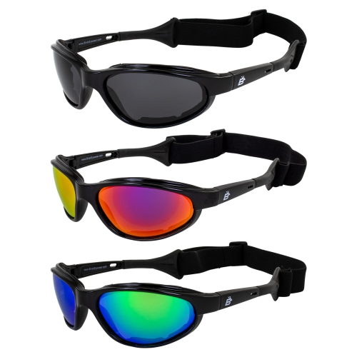 Birdz Eyewear 3 Pairs Sail Padded Polarized Sport Sunglasses Black Frame W/ Smoke, Red & Green Mirror Lenses
