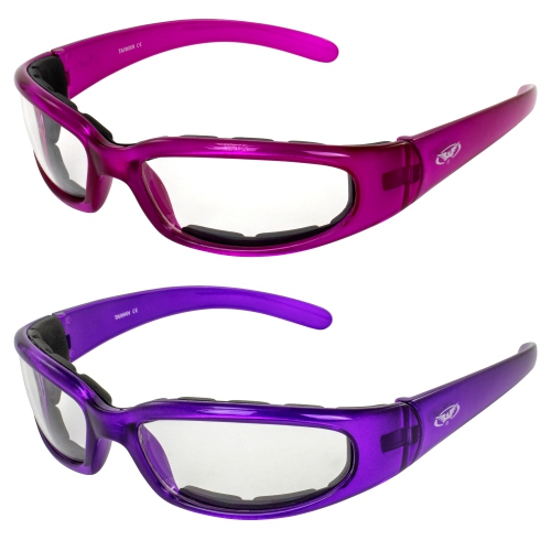 Global Vision 2 Pairs Chicago Padded Motorcycle Glasses For Women Scratch-Resistant Pink & Purple Frames W/Clear Lenses