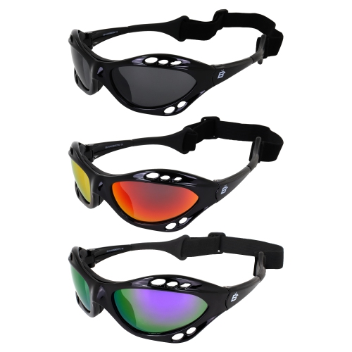3 Pairs Birdz Seahawk Padded Floating Polarized Sunglasses W/Strap Black Frame W/Smoke Red & Purple Mirror Lenses