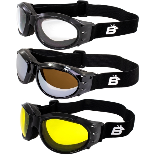3-Pack Birdz Eagle Red Baron Style Motorcycle Padded Airsoft Goggles For Day And Night Comfort In Any Weather Condition Black Frame W/ Clear Yellow &