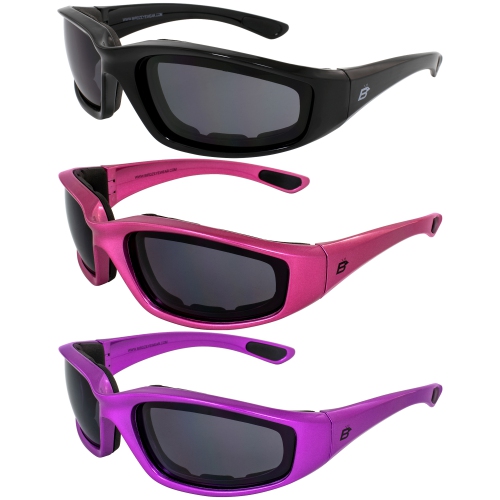 Birdz Eyewear Oriole Anti-Fog Vented Eva Foam Motorcycle Sunglasses For Women Shatterproof Lenses Uv400, Scratch-Resistant 3-Pack Black Pink & Purple