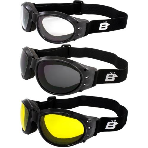 3 paires de lunettes Eagle cadre noir de Birdz, 1 de chaque lentille antibuée transparente fumée et jaune