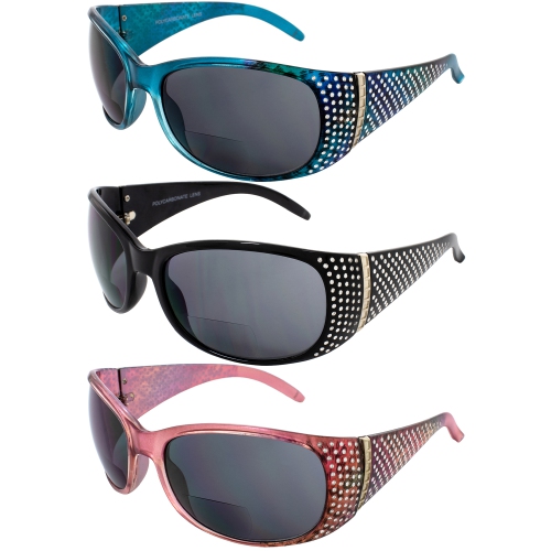 Set Of 3 Global Vision Galaxy Womens Bifocal Motorcycle Sunglasses Blue Black & Pink Frames 2.0 Magnification Smoke Lenses