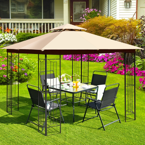 TOPBUY  Patiojoy 2-Tiers 10'x10' Outdoor Canopy Gazebo Heavy-Duty Steel Frame Party Patio Large Canopy L-Shaped Gazebo Beige/grey