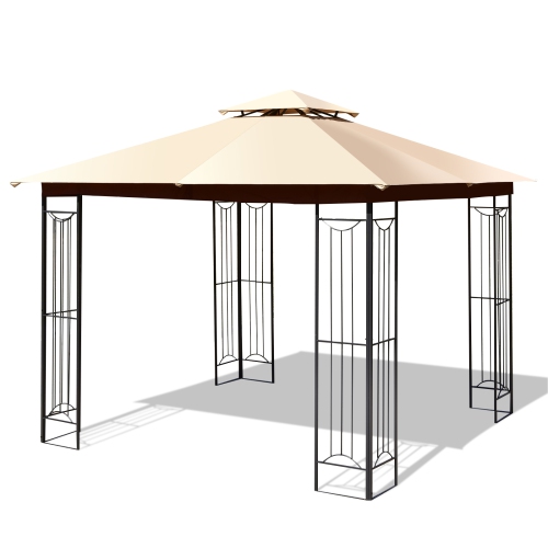 Patiojoy 2-Tiers 10'x10' Outdoor Canopy Gazebo Heavy-Duty Steel Frame Party Patio Large Canopy L-Shaped Gazebo Beige/Grey