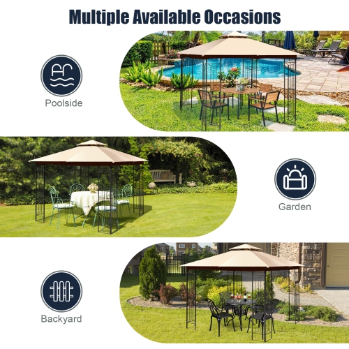Patiojoy 2-Tiers 10'x10' Outdoor Canopy Gazebo Heavy-Duty Steel Frame Party Patio Large Canopy L-Shaped Gazebo Beige/Grey