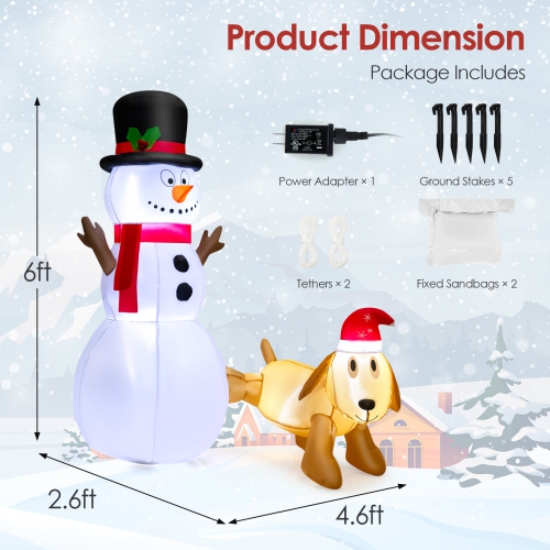 Topbuy 6 FT Inflatable Snowman with Cute Dog Christmas Blow up Snowman and Dog with Bright Built-in LED Lights Inflatable Snowman for Christmas