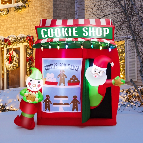 Topbuy 6.5 FT Height Christmas Inflatable Santa Claus, Outdoor Self-inflatable Decoration w/ Cookie Shop Gingerbread Man, Colorful Lights Lighted