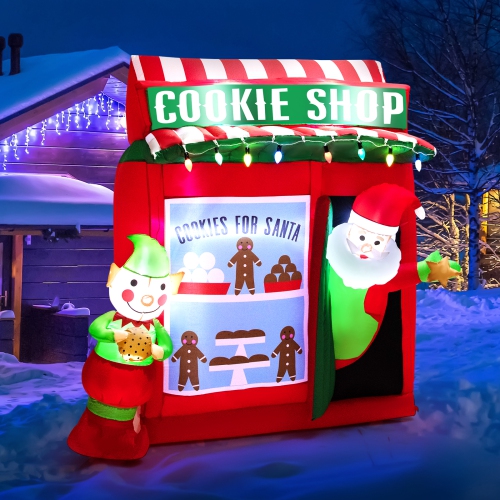 Topbuy 6.5 FT Height Christmas Inflatable Santa Claus, Outdoor Self-inflatable Decoration w/ Cookie Shop Gingerbread Man, Colorful Lights Lighted