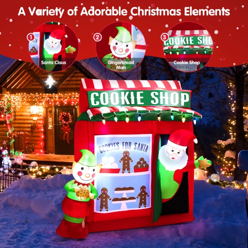 Topbuy 6.5 FT Height Christmas Inflatable Santa Claus, Outdoor Self-inflatable Decoration w/ Cookie Shop Gingerbread Man, Colorful Lights Lighted