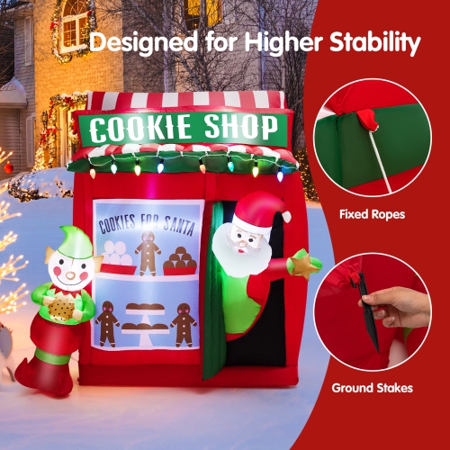 Topbuy 6.5 FT Height Christmas Inflatable Santa Claus, Outdoor Self-inflatable Decoration w/ Cookie Shop Gingerbread Man, Colorful Lights Lighted