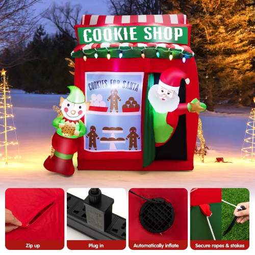 Topbuy 6.5 FT Height Christmas Inflatable Santa Claus, Outdoor Self-inflatable Decoration w/ Cookie Shop Gingerbread Man, Colorful Lights Lighted