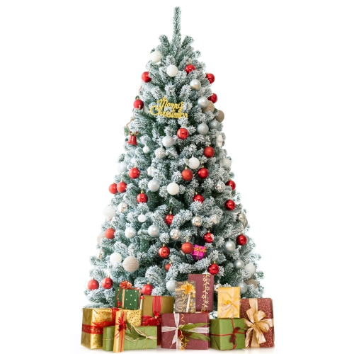 TOPBUY  6Ft Snow Flocked Artificial Christmas Hinged Tree Pre-Lit Artificial Xmas Full Tree With 928 Branch Tips
