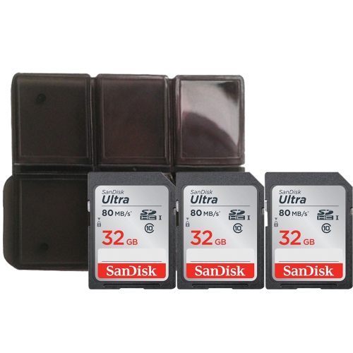 3x SanDisk 32GB SDHC Ultra 80MB/s Memory Card with Memory Card Holder