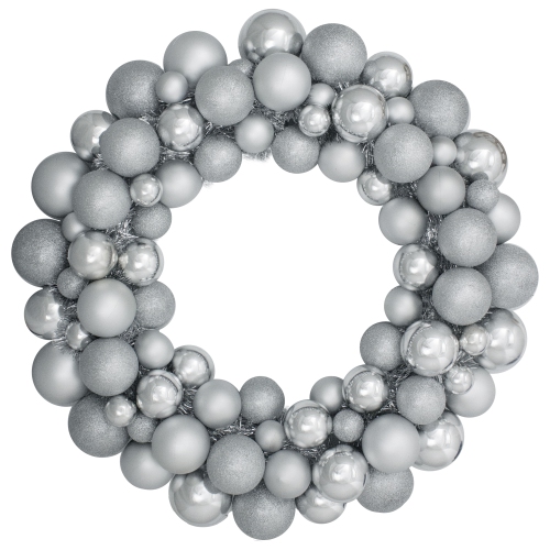 3-Finish Shatterproof Ball Ornament Christmas Wreath - 36" - Silver - Unlit