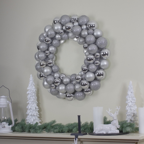 3-Finish Shatterproof Ball Ornament Christmas Wreath - 36" - Silver - Unlit