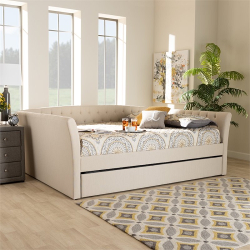 Bowery Hill Queen Size Beige Upholstered Daybed with Trundle