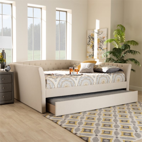 Bowery Hill Queen Size Beige Upholstered Daybed with Trundle